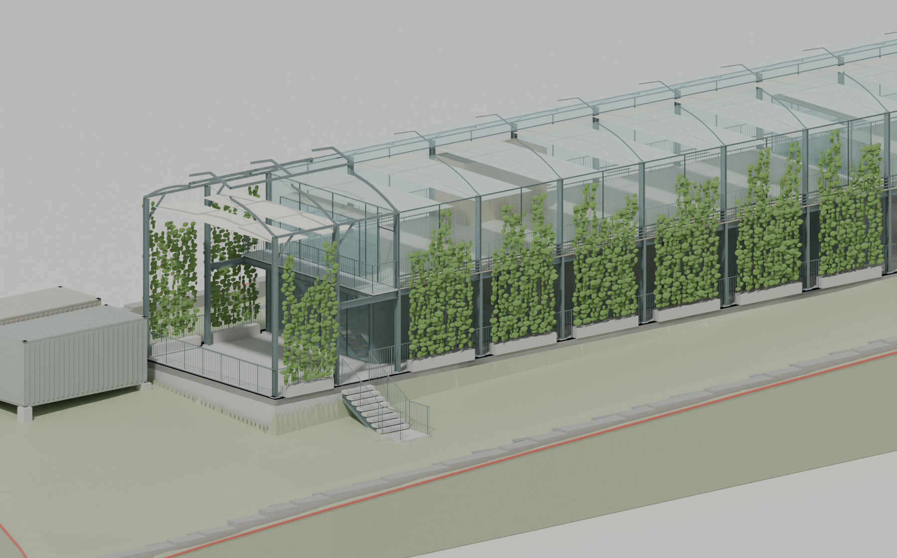 Casa com pérgola de seis metros à altura da estufa e trepadeiras na fachada sul