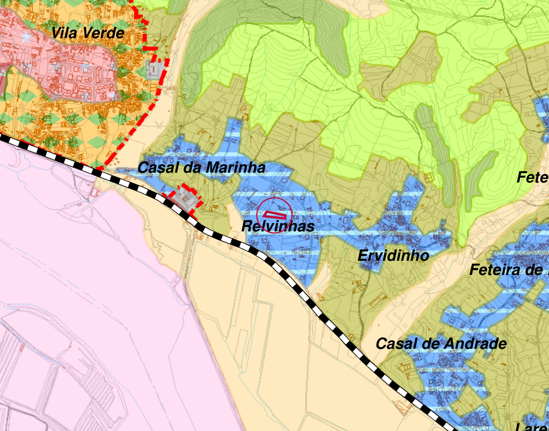 Planta de ordenamento Sul: perímetro da Casa G a magenta na área de aglomerados rurais, junto de Relvinhas.